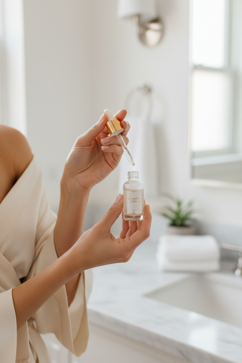 Woman with glowing skin applying anti-aging essence serum dropper bottle
