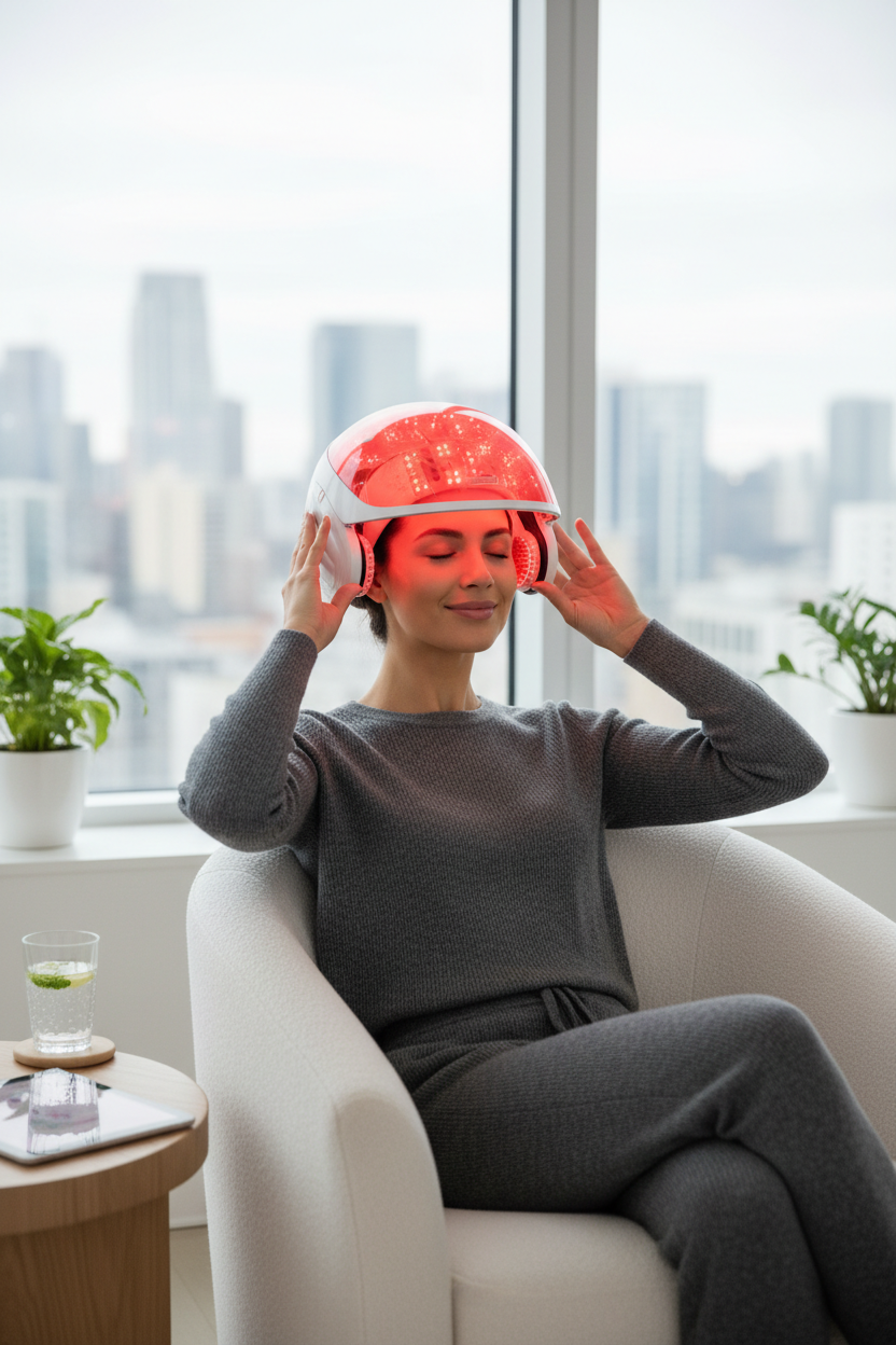 Woman wearing red light therapy LED cap for hair growth and scalp treatment at home