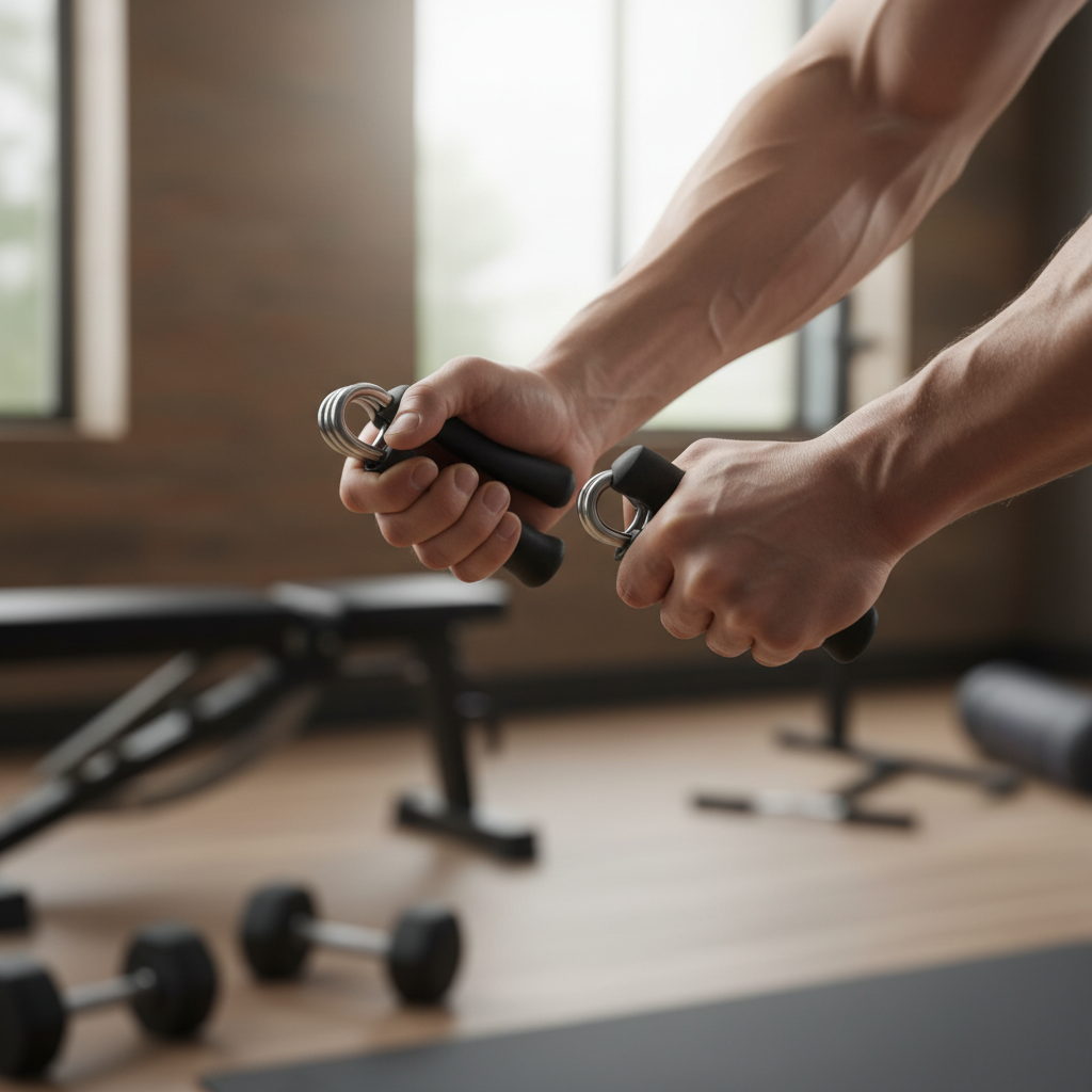Hands using PowerGrip hand grip strength trainer showing forearm muscles during workout