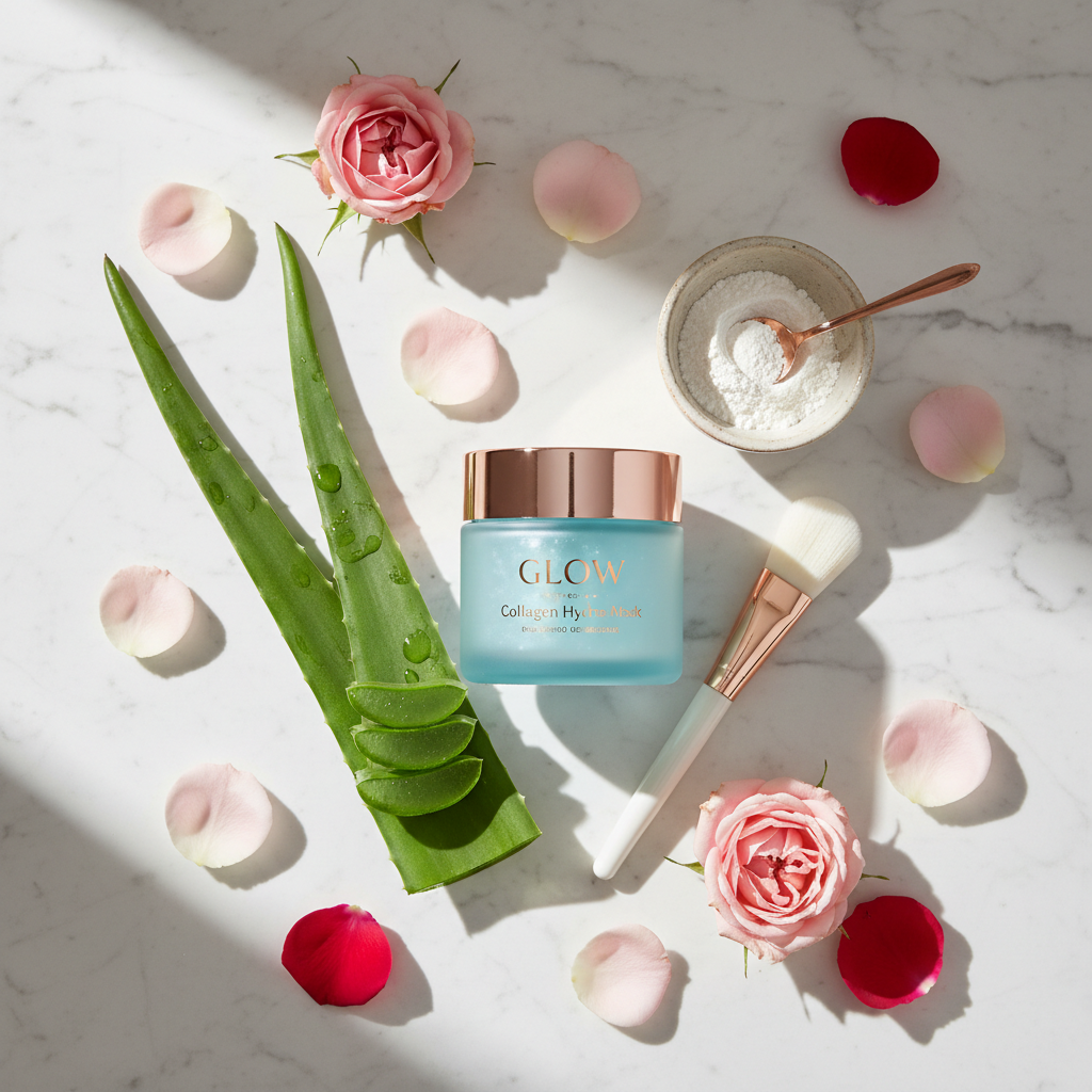 Hydrating collagen peel-off mask product with aloe vera and rose petals on marble surface