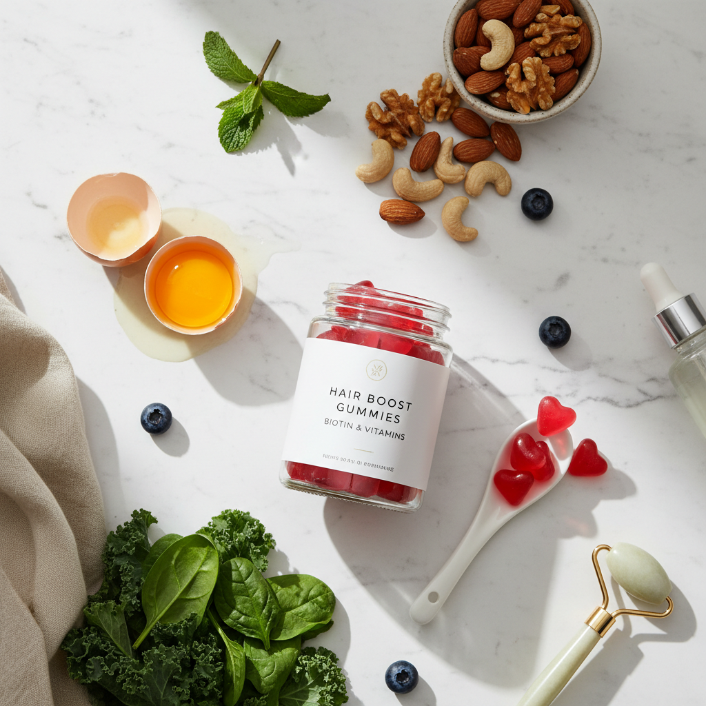Hair growth vitamin D gummy chews jar with biotin-rich ingredients on marble surface